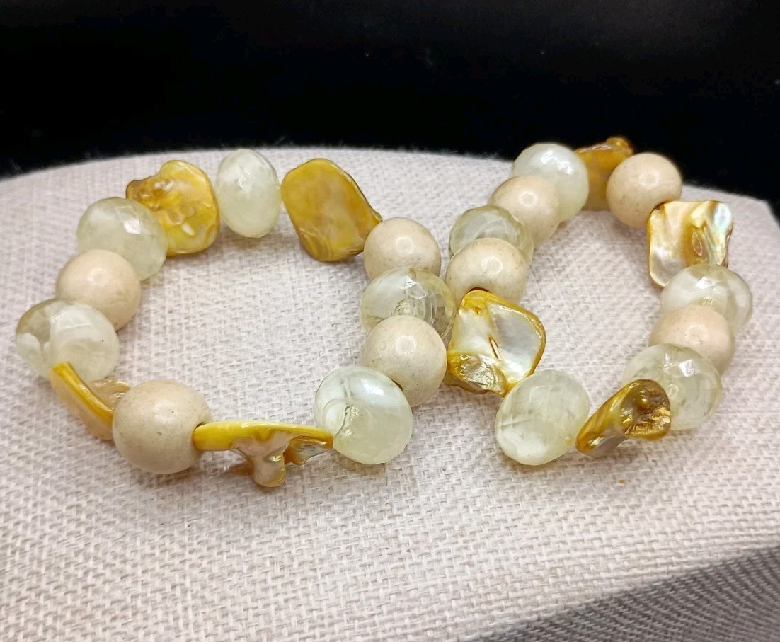 Natural Quartz Stone Necklace 2 Bracelet Earrings Set Shell Wood Accent