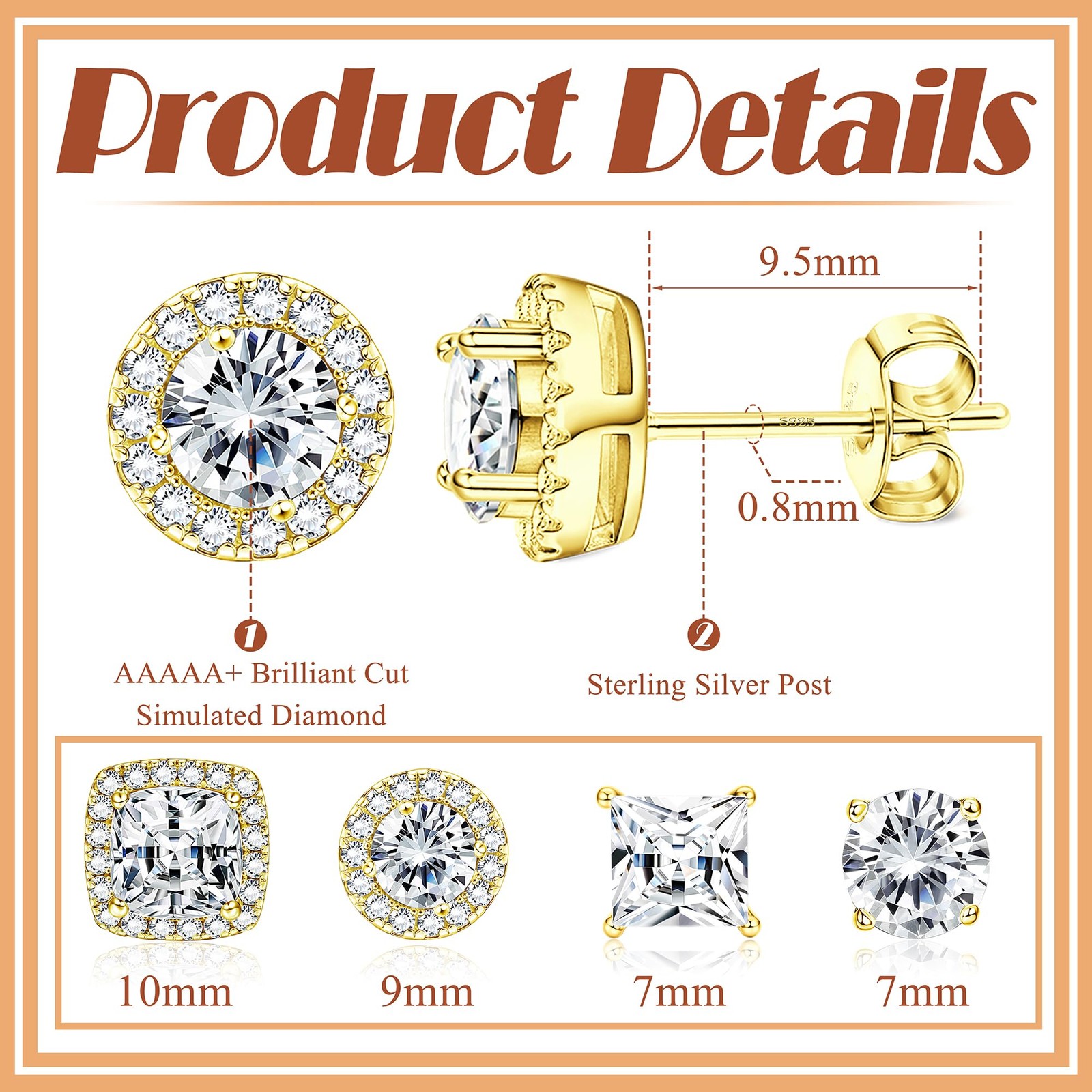 Dochais 4Pairs Mens Earrings 18K Gold Plated Stud Earrings for Men 925 Sterli…