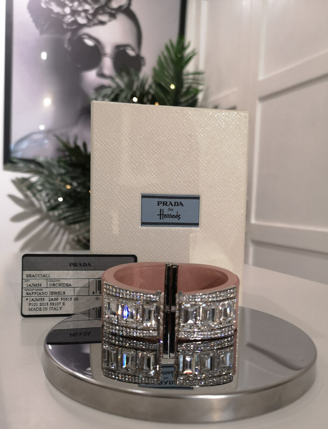 Prada Saffiano Leather Crystal Cuff Bracelet in Rose Pink RRP £895.00 New