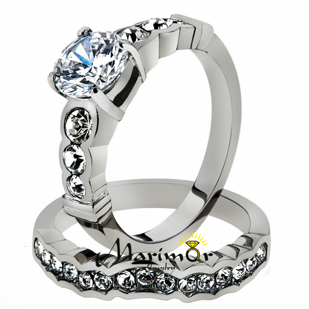 STAINLESS STEEL 2.35 CT ROUND ZIRCONIA 316L ENGAGEMENT WEDDING RING SET SZ 5-10