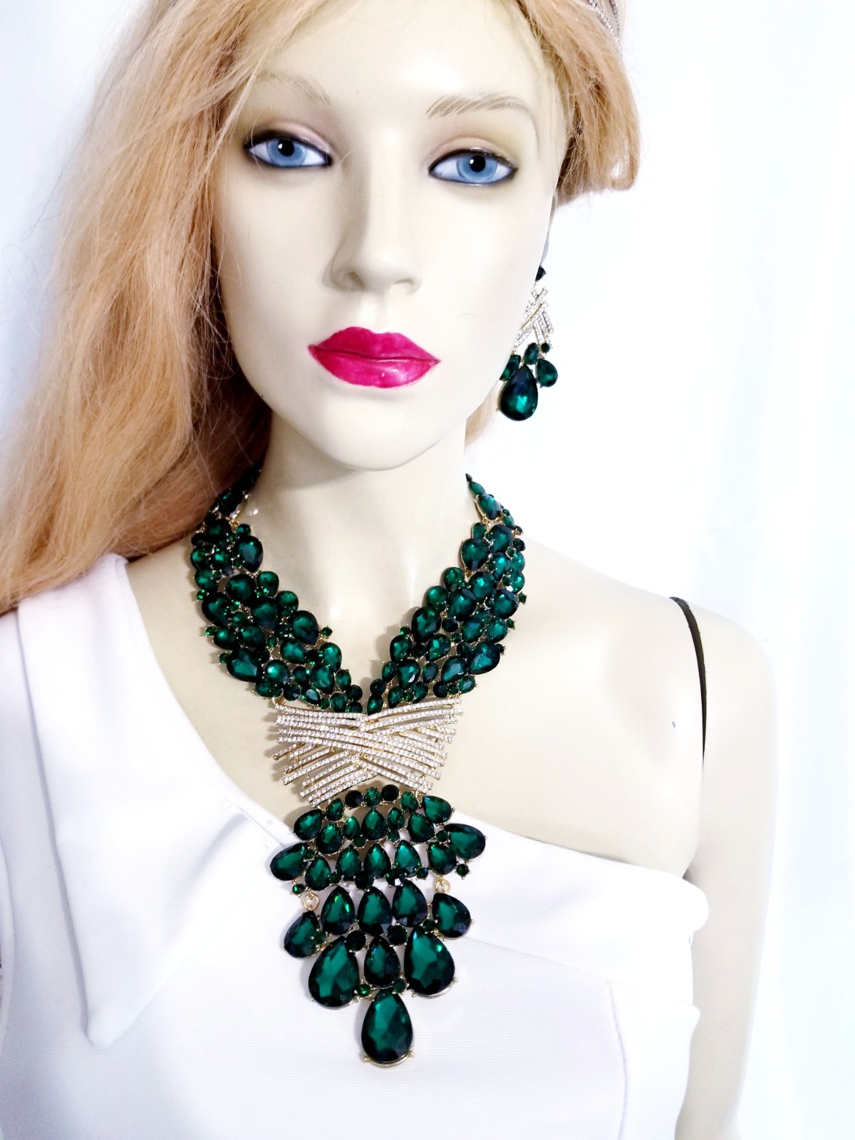 Green X Large Necklace Choker Earring Set Rhinestone Crystal Drag