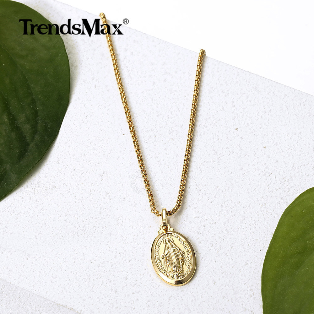 16″-24″ 2mm Gold Plated Oval Virgin Mary Charm Pendant Necklace Box Chain Unisex