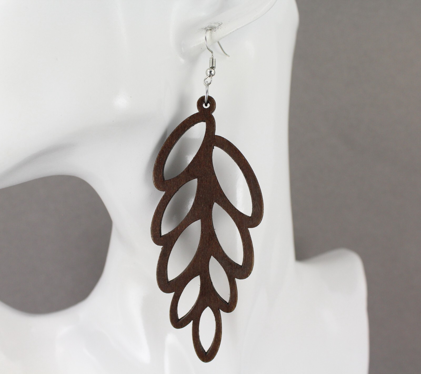dark Brown wood leaf earrings dangle lightweight wood 4 3/8″ long feather vine