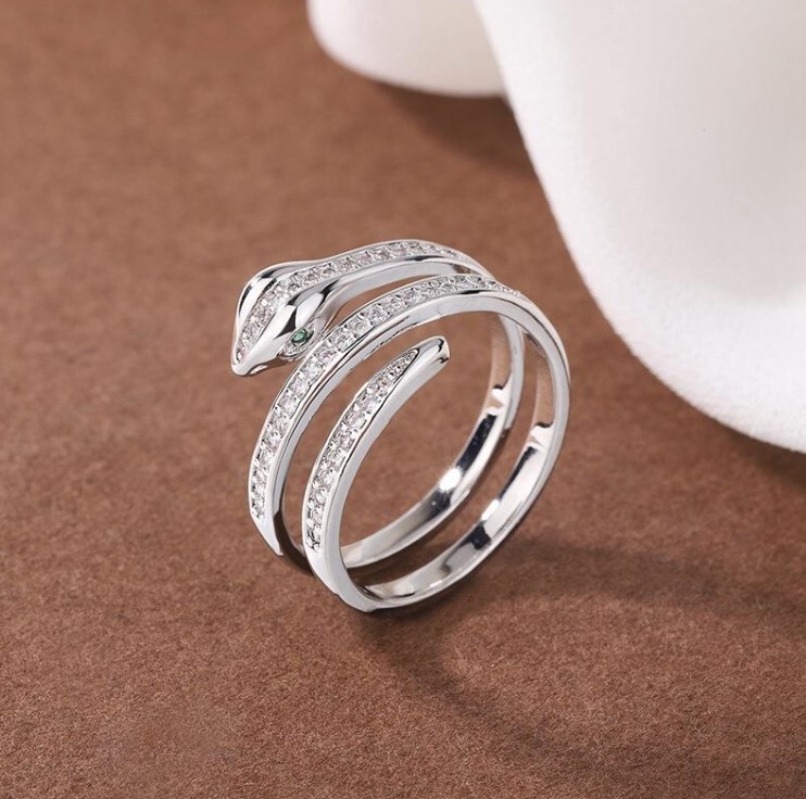 Green Eyes Snake Silver / Gold Pave Cubic Zirconia Adjustable Band Ring