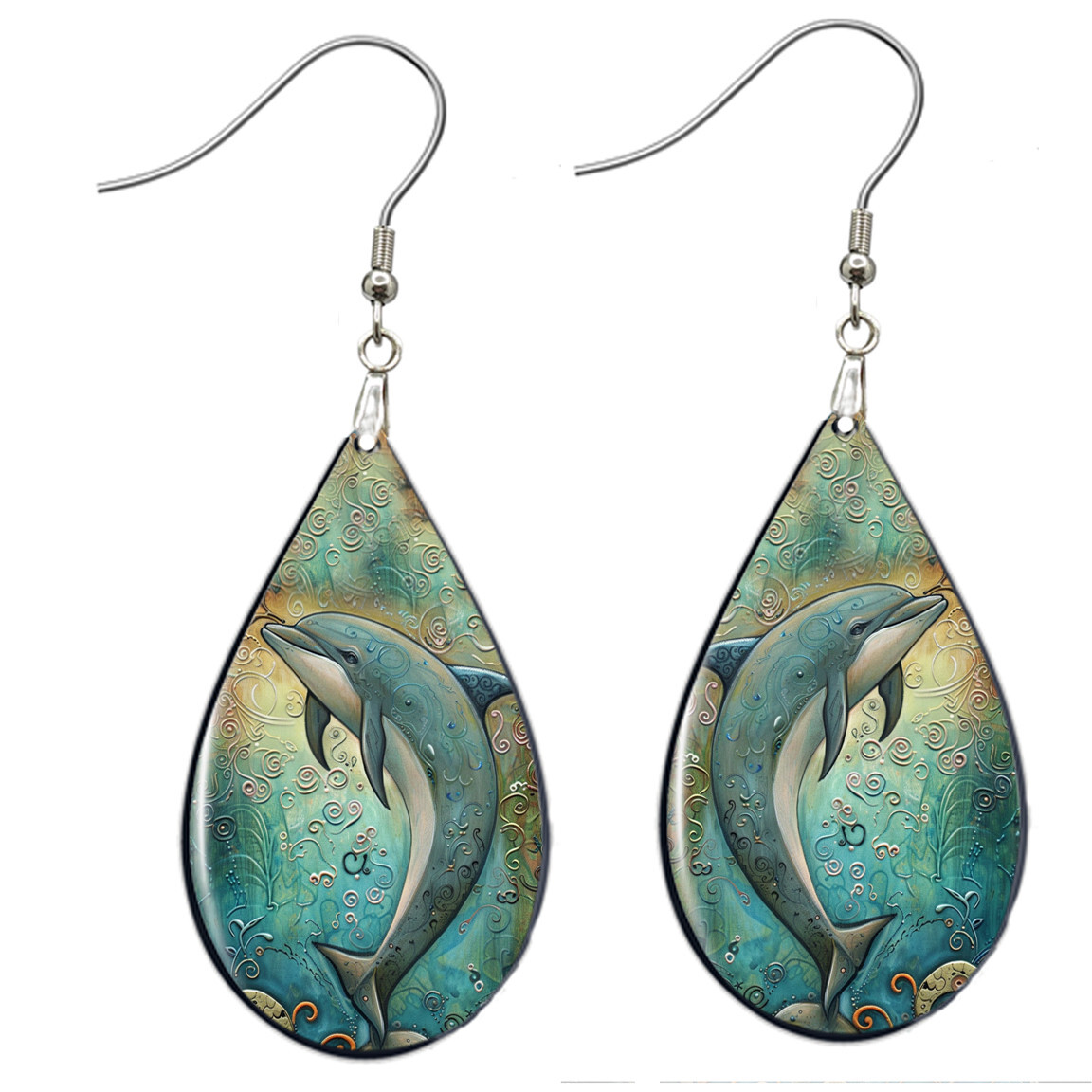 Dolphin Earrings Teardrop NO TARNISHING Wood Ocean Sea Life Digital Art Print
