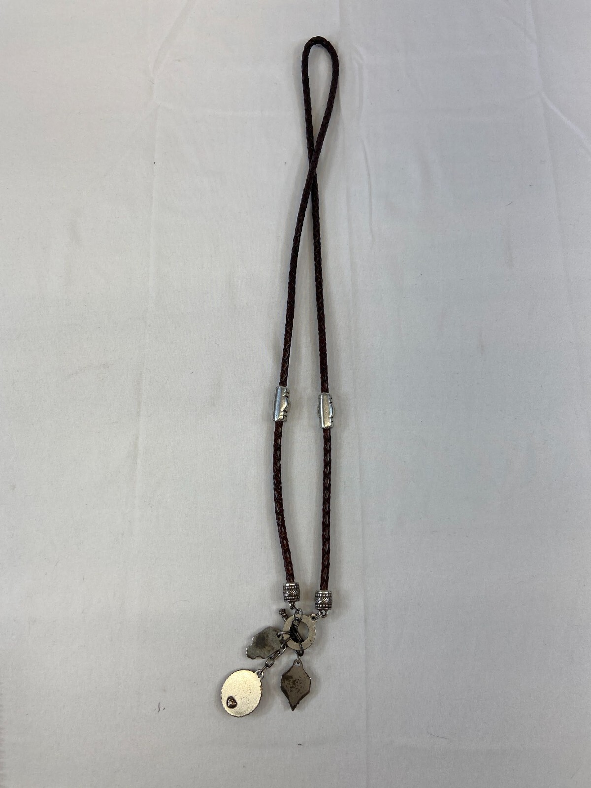 Vintage Brighton Necklace Lanyard Braided Leather Cord Mixed Metals Charms Brown