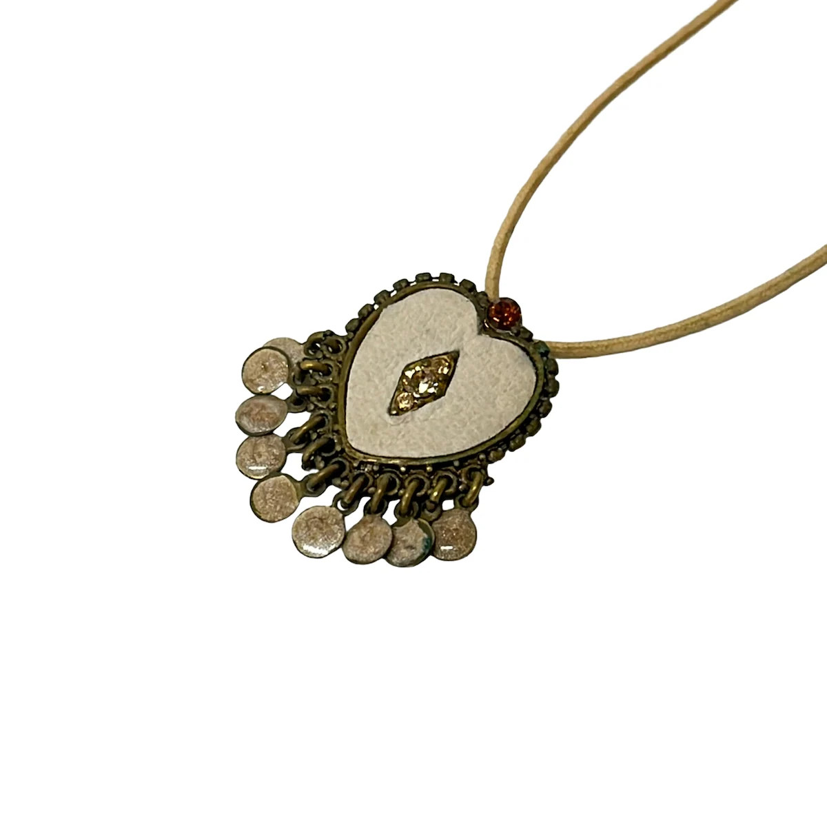 Les Nereides Gold White Multi Hardware Rhinestones Leather Cotton Necklace