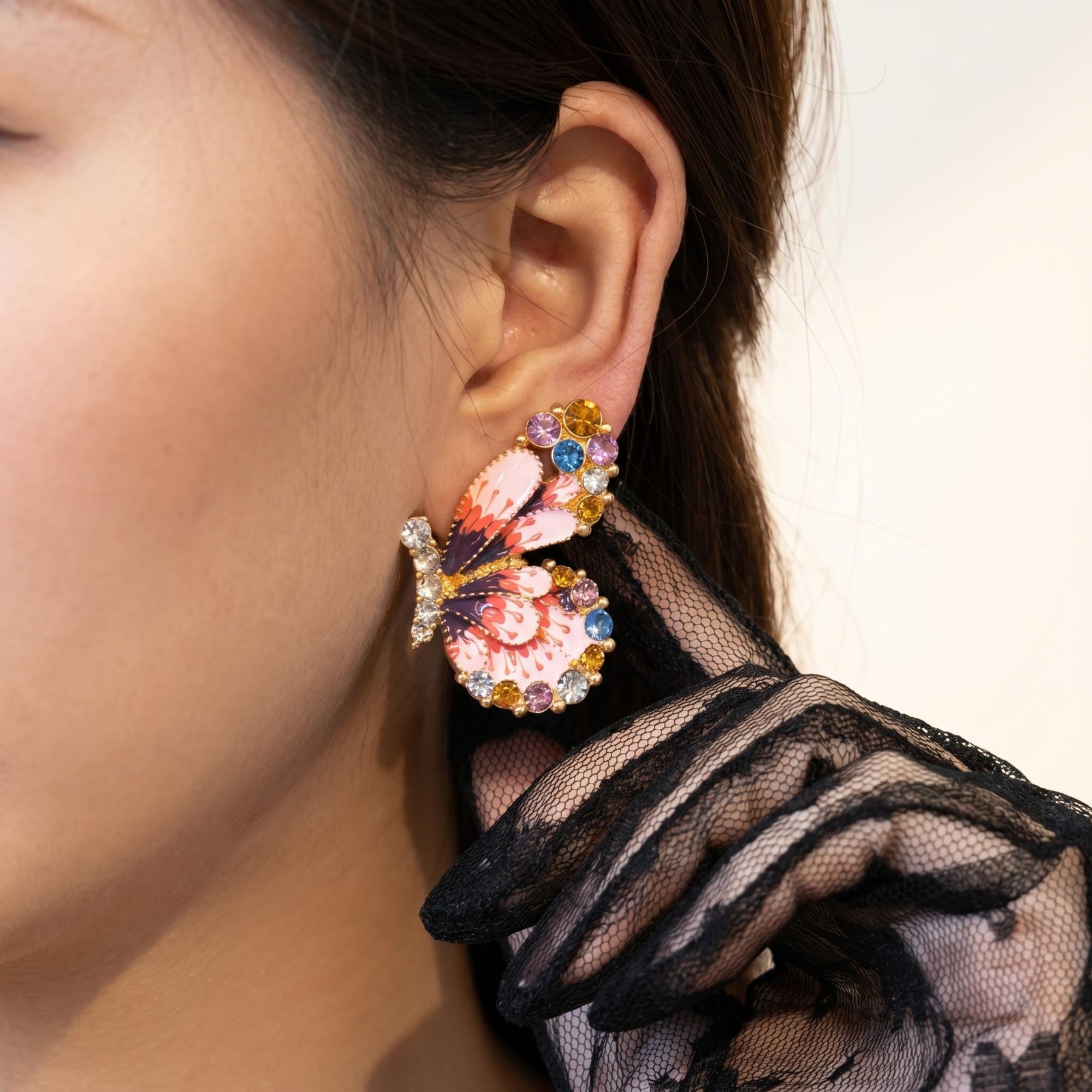 Colorful Butterfly Stud Earrings, Pink Purple Gold Rhinestone Enamel Statement