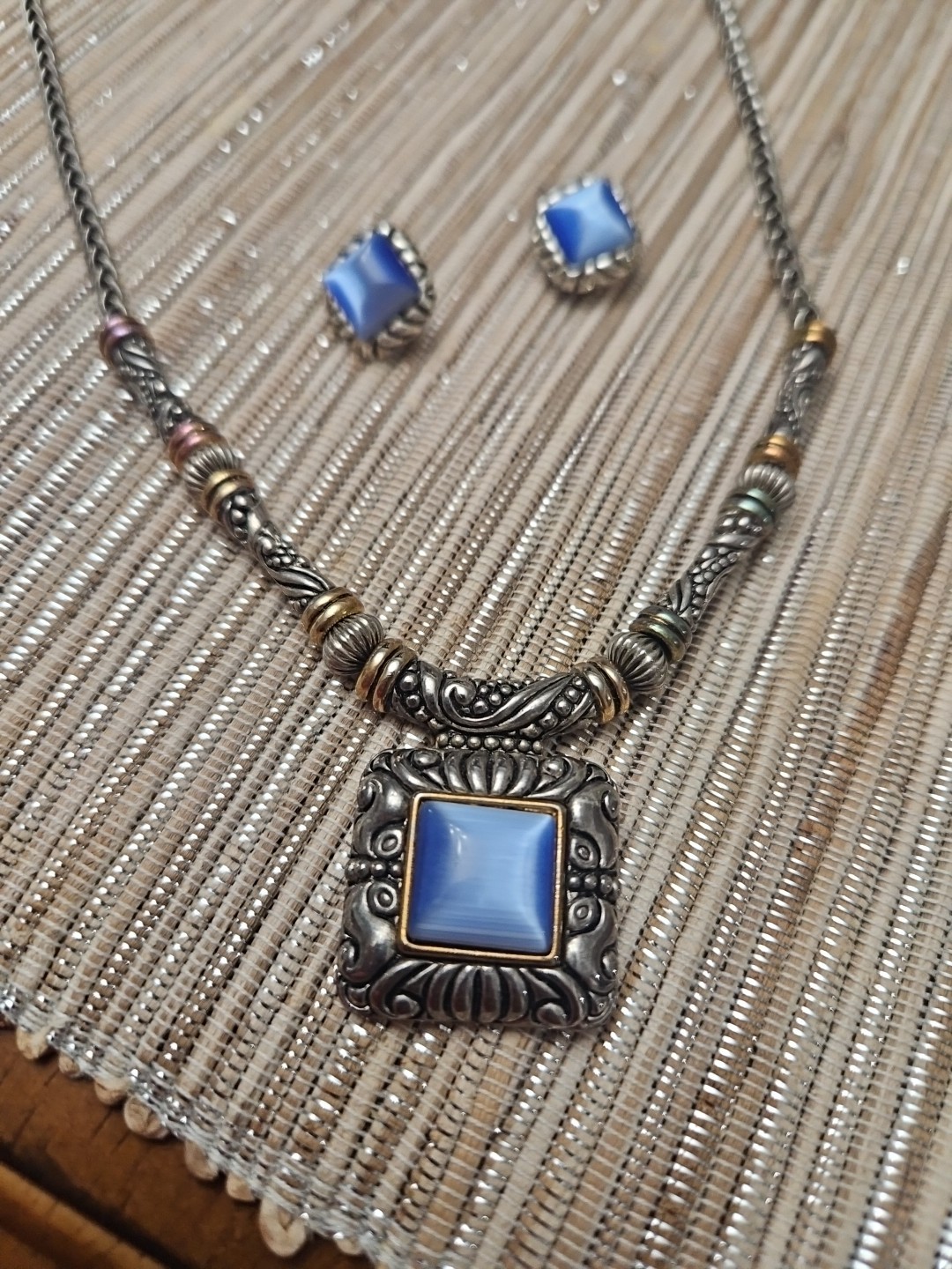 Premier Designs Blue Stone Square Pendant Necklace & Next Earrings Set