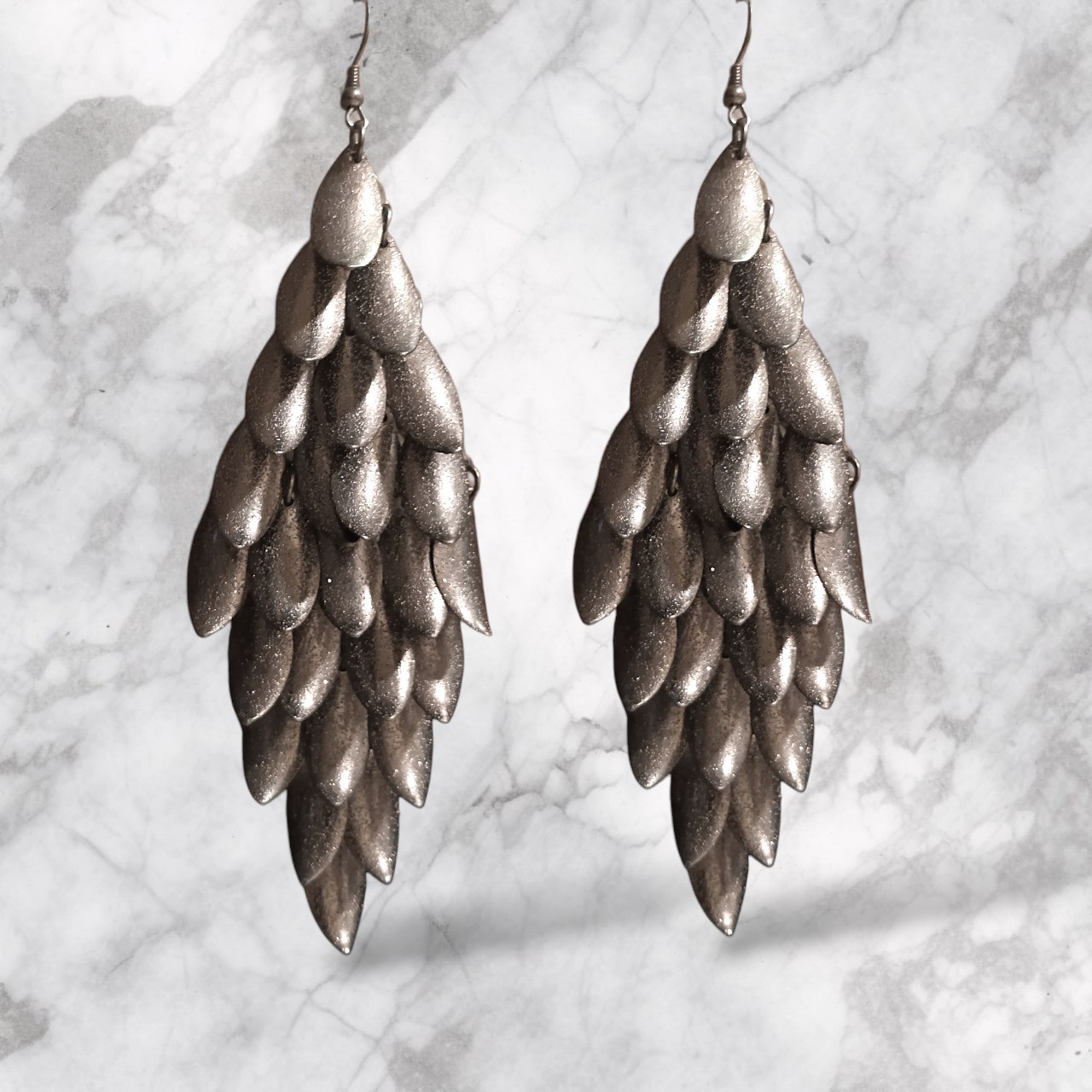 Shimmery Gun Metal Grey Layered Dangling Leaf Chandelier Statement Earrings