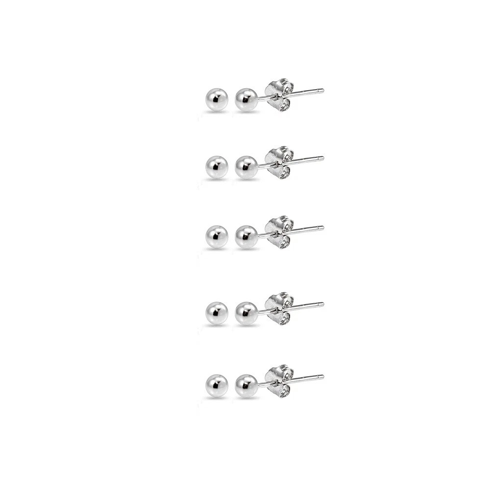Sterling Silver 2mm Polished Ball Bead Stud Earrings Set of 5