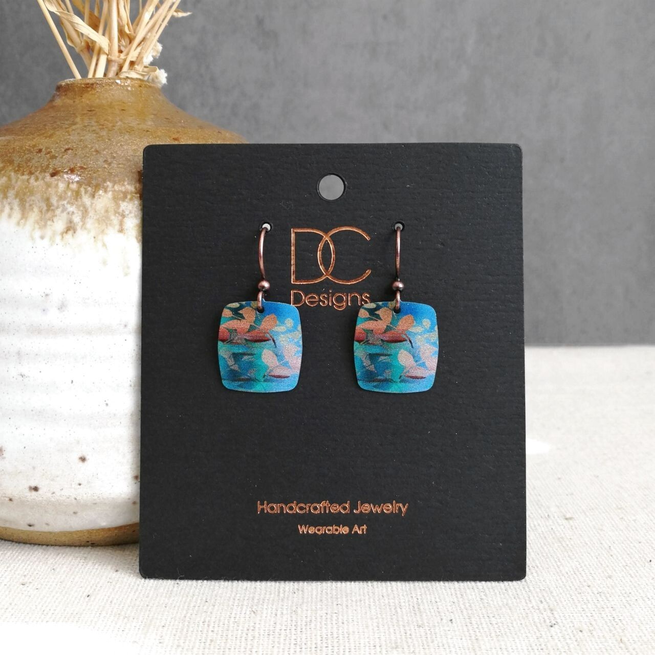 DC Designs Abstract Foliage Small Square Earrings in Teal and Brown 29NS Unique