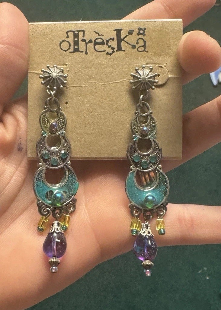 Y2K Treska Dangle Moon beaded Fairy Whimsical Blue Real Purple Boho earrings Set
