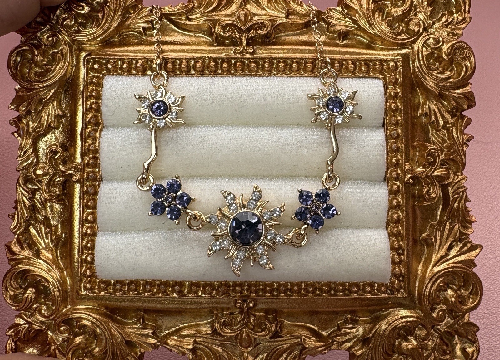 Gold Tone Blue CZ Sun Jewelry Set Round Cubic Zirconia Necklace Bracelet Ring