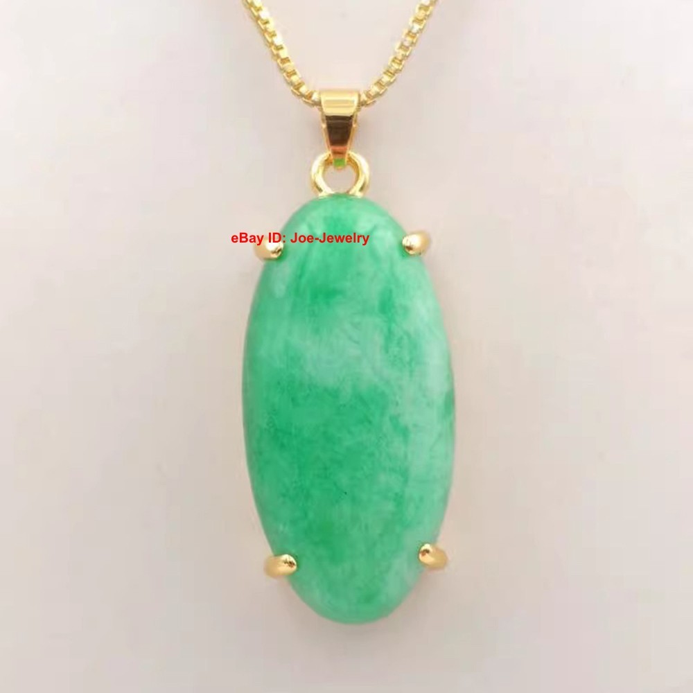 New Yellow Plated Alloy Heated Green Jade Oval Pendant Best Gift 38mm H