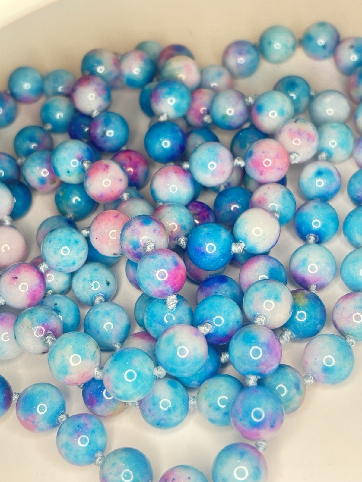 Flapper Necklace 72” Dyed Quartz 10mm Endless Opera Bead Blue Purple Knotted