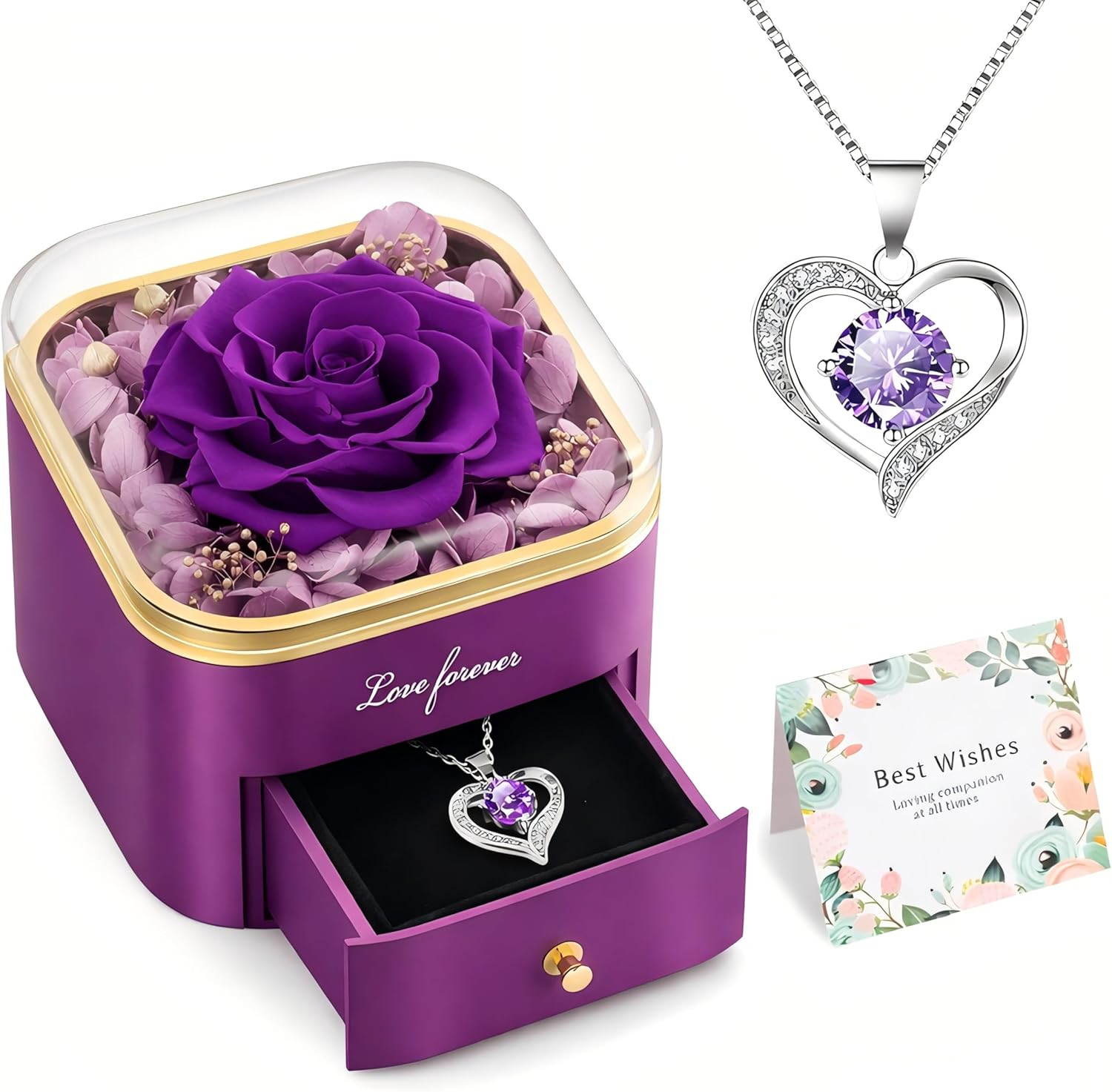 Birthday Gifts for Women Preserved Real Rose with Necklace Eternal Purple Roses