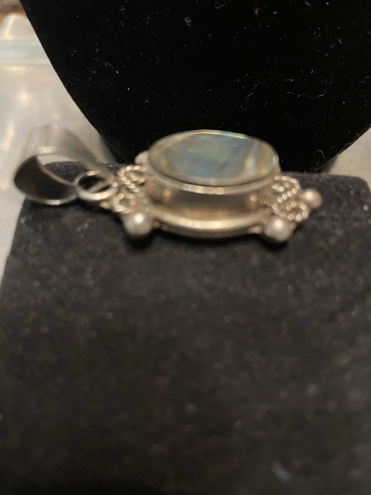 Silver 925 & Signed Oval Abalone Bezel Set Charm Pendant Multicolor Iridescent