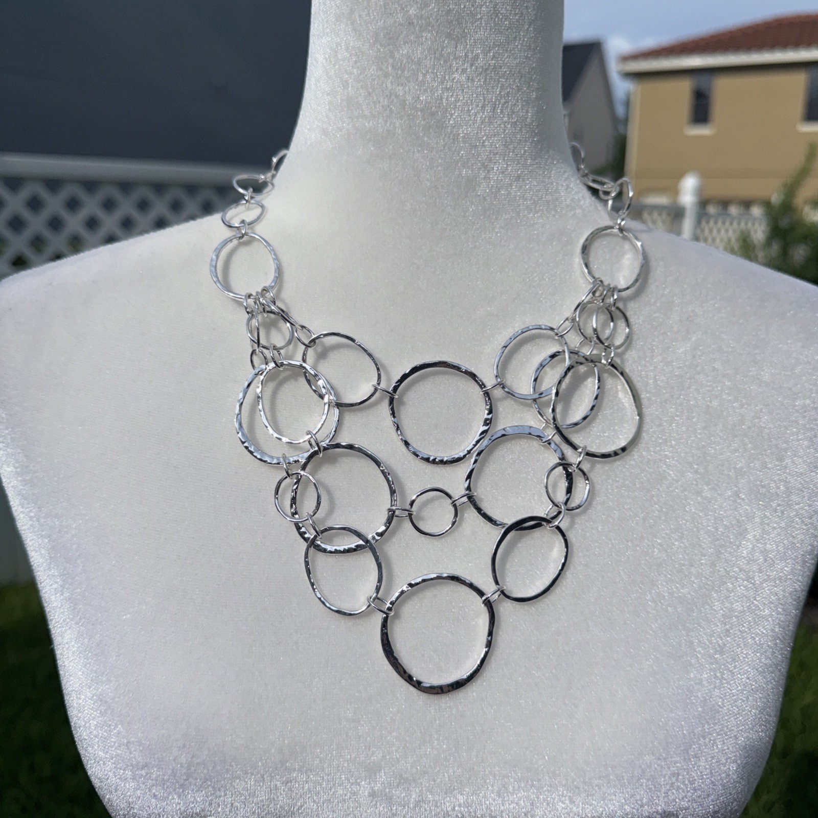 Chico’s Silver Tone Circle Link Hammered Necklace Signed Adjustable Bib Style