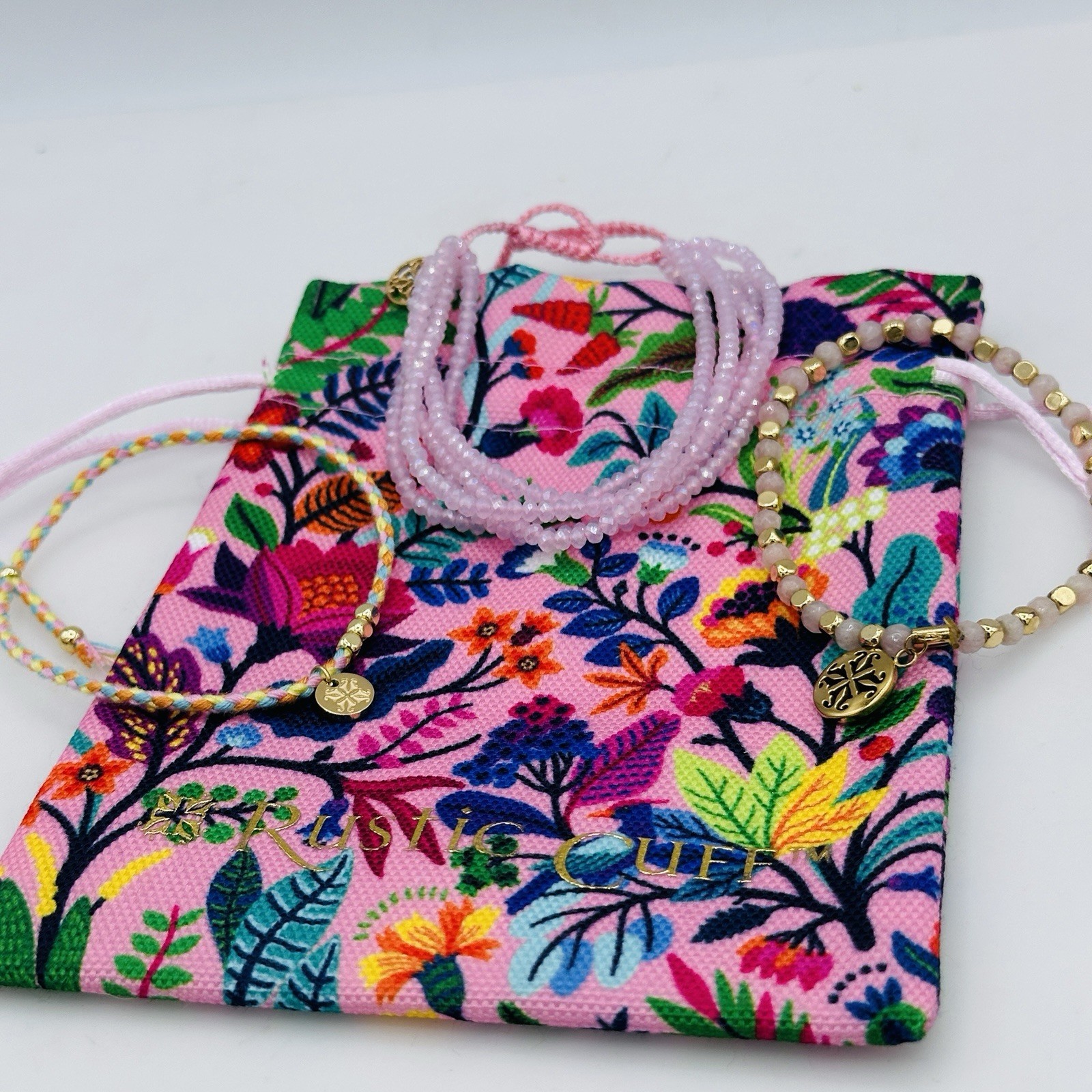 Rustic Cuff Pink Bracelet Stack Set Floral Gift Bag Adjustable