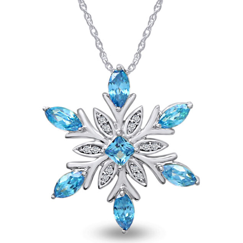 Blue & White Simulated Diamond Snowflake Pendant With 18″ Chain Sterling Silver