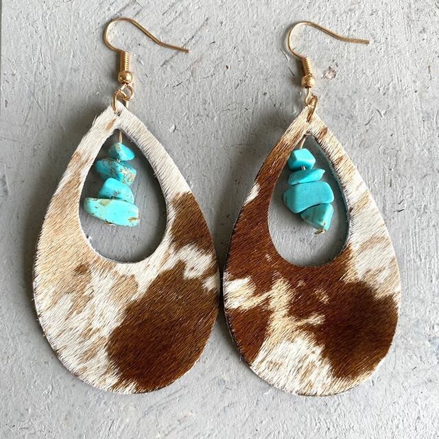 Western Leather Cowhide Open Teardrop Stone Earrings