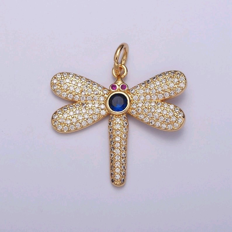 24K Gold Micro Pave CZ Dragonfly Pendant with Magenta & Blue Stone Insect Charm