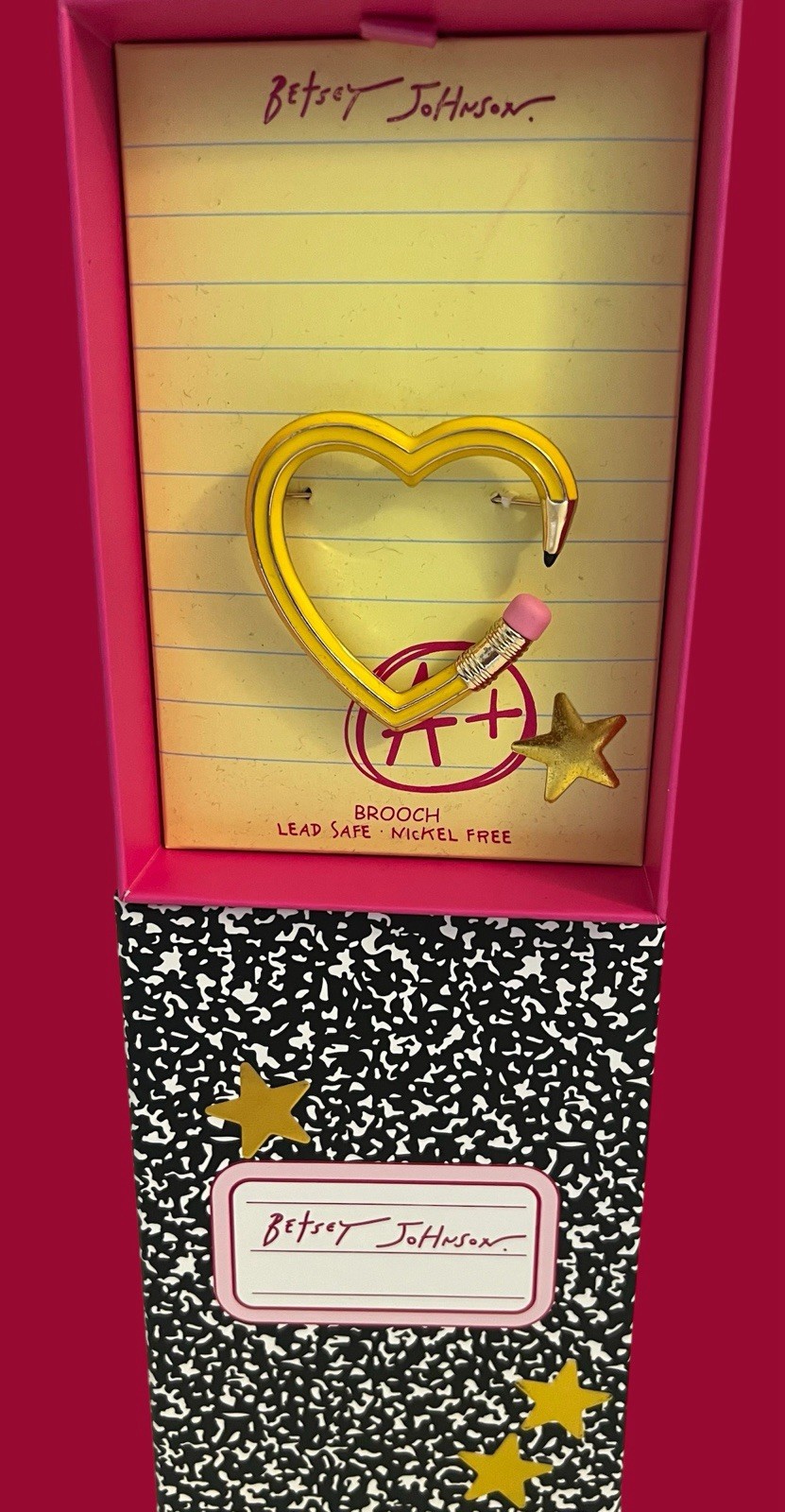 Betsey Johnson Brooch Heart Pencil Yellow With Star Accent NWT With Box