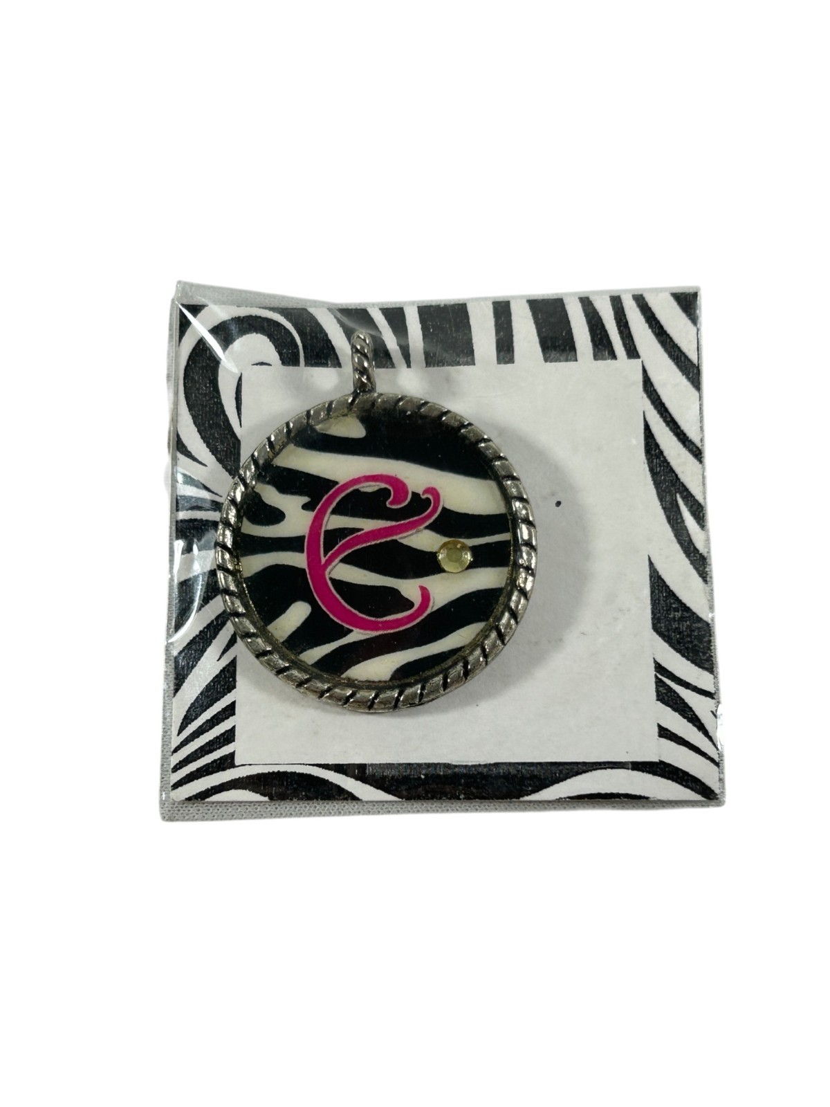 Initial C Zebra Print Pendant Pink Letter Charm Round Rhinestone Silver Tone