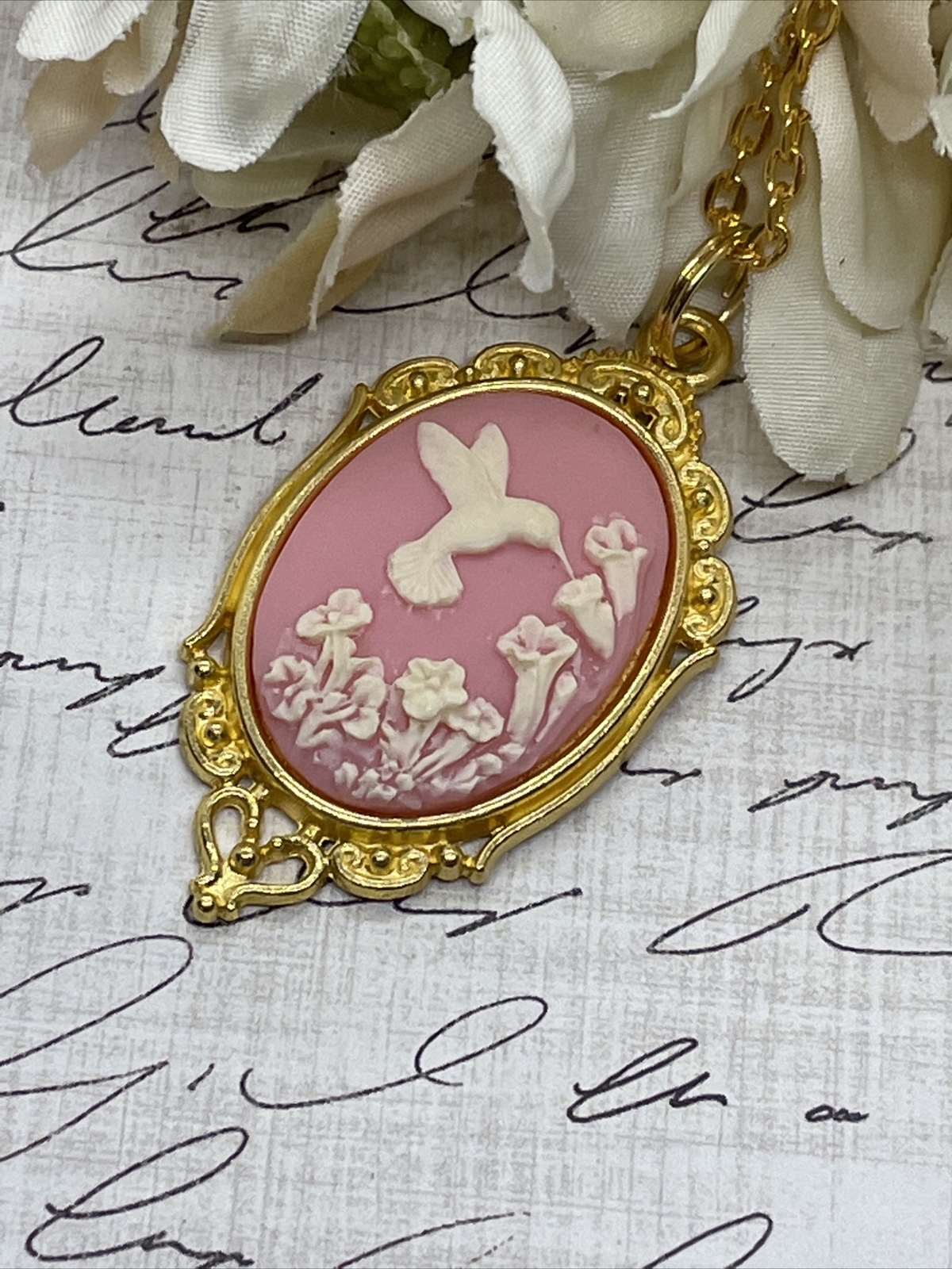 PINK Hummingbird Necklace Heart Cameo Mom Daughter Gold wedding JEWELRY Easter
