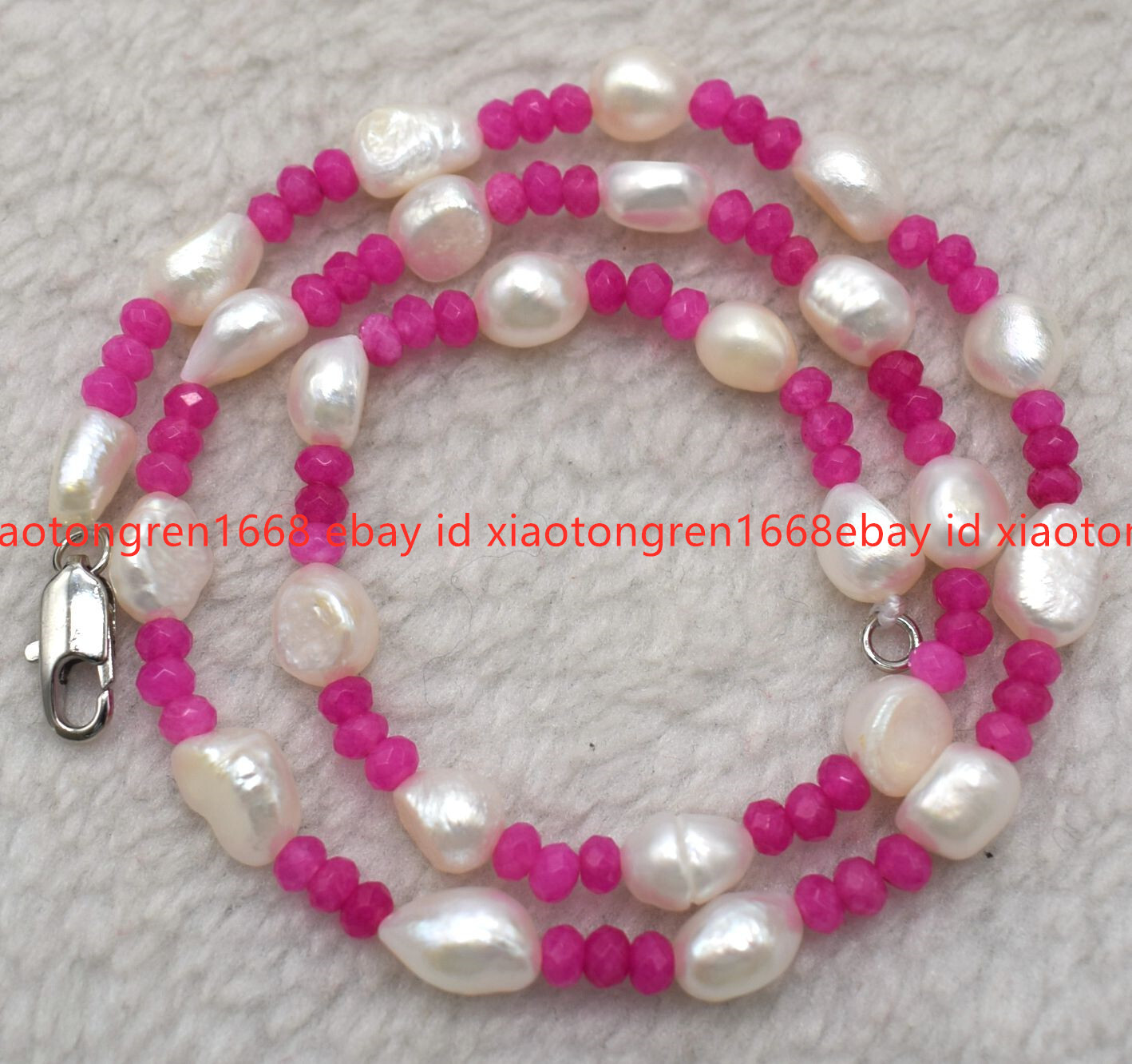 Pretty Natural 7-8mm White Baroque Pearl 2x4mm Faceted Rose Red Jade necklace