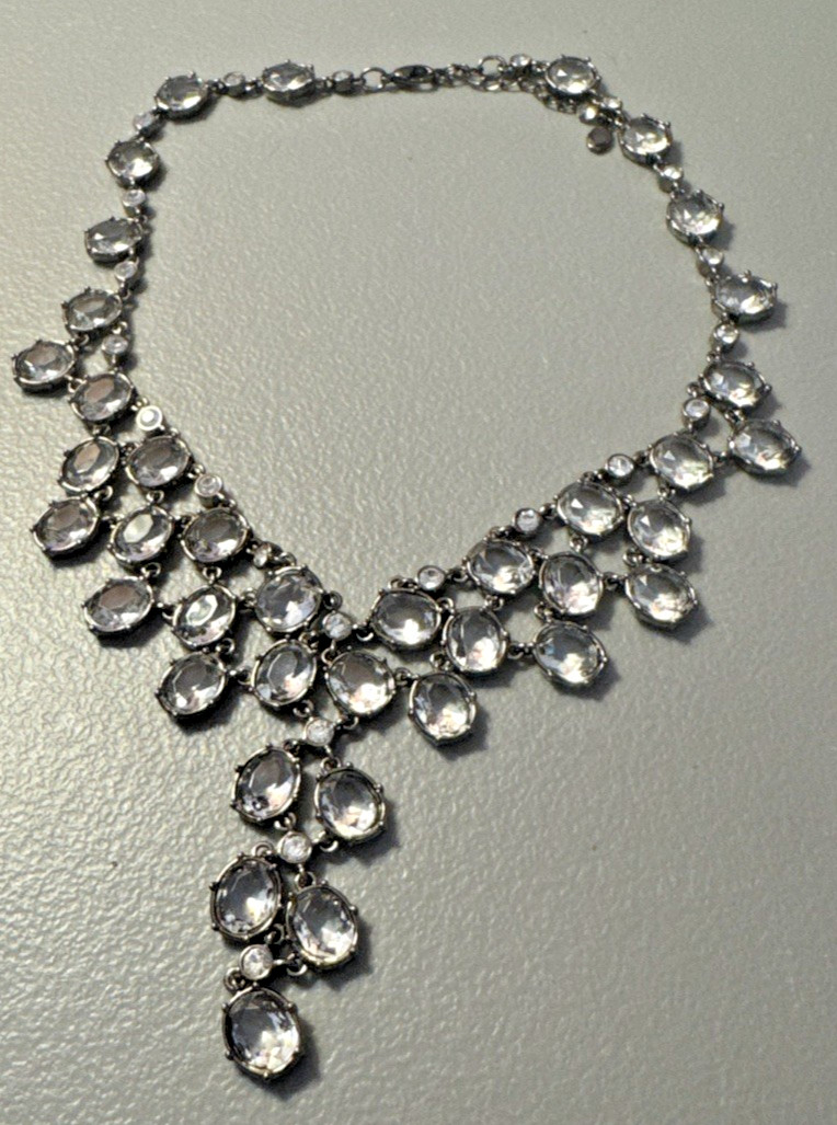 Apt.9 Gun Metal Clear Rhinestone Glass Bib Statement Choker Necklace 17″