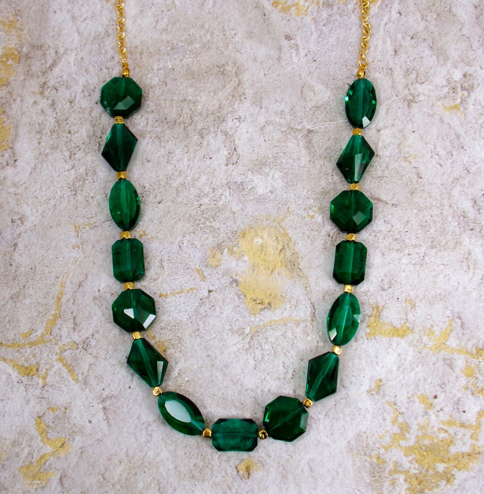 Green glass bead necklace with mixed glass beads shapes and small gold beads New