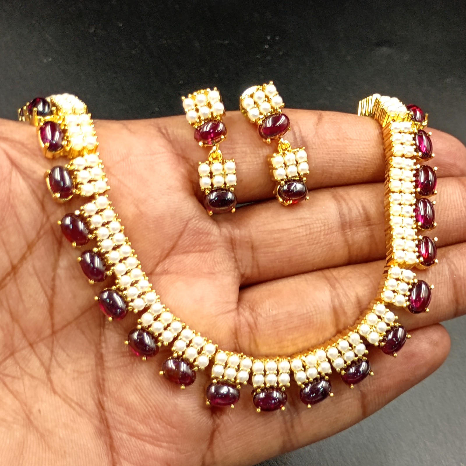Garnet and Pearl Necklace Set 22k Gold Plated Traditional Ethnic Jewelry