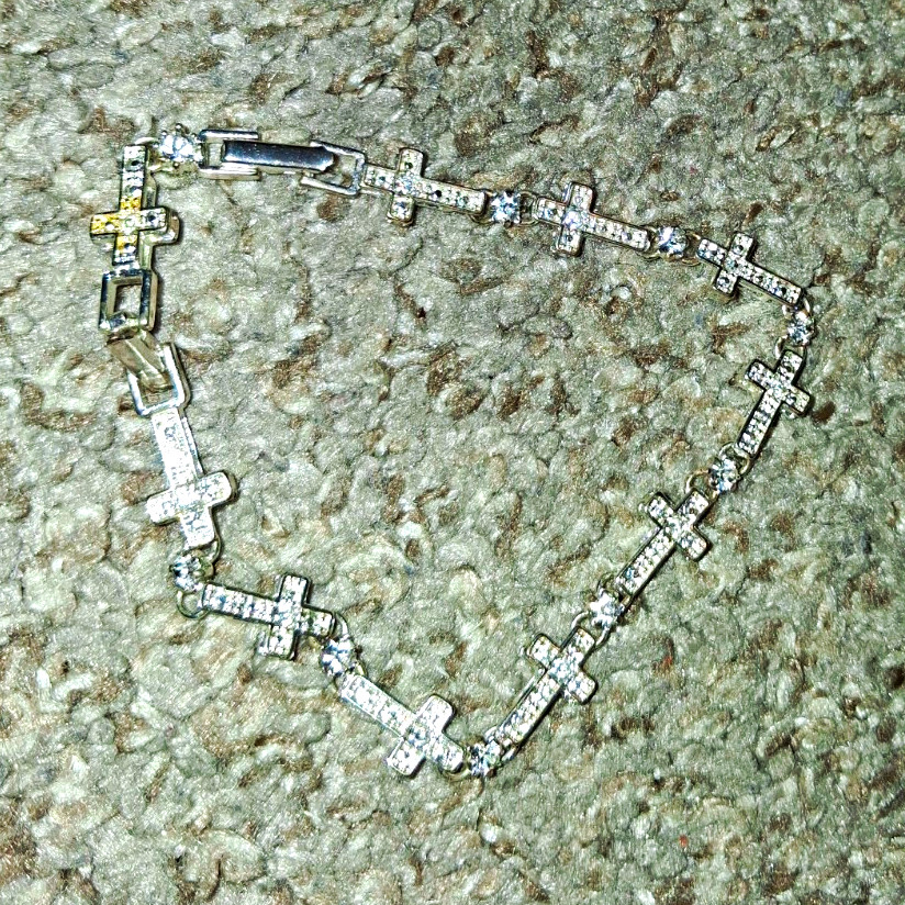 Silver Tone Cross Link Bracelet with Crystal Rhinestones, Pavé, Box Closure