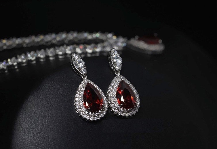 18k White Gold Plated Red Tennis Necklace Earrings Set made w Swarovski Crystal