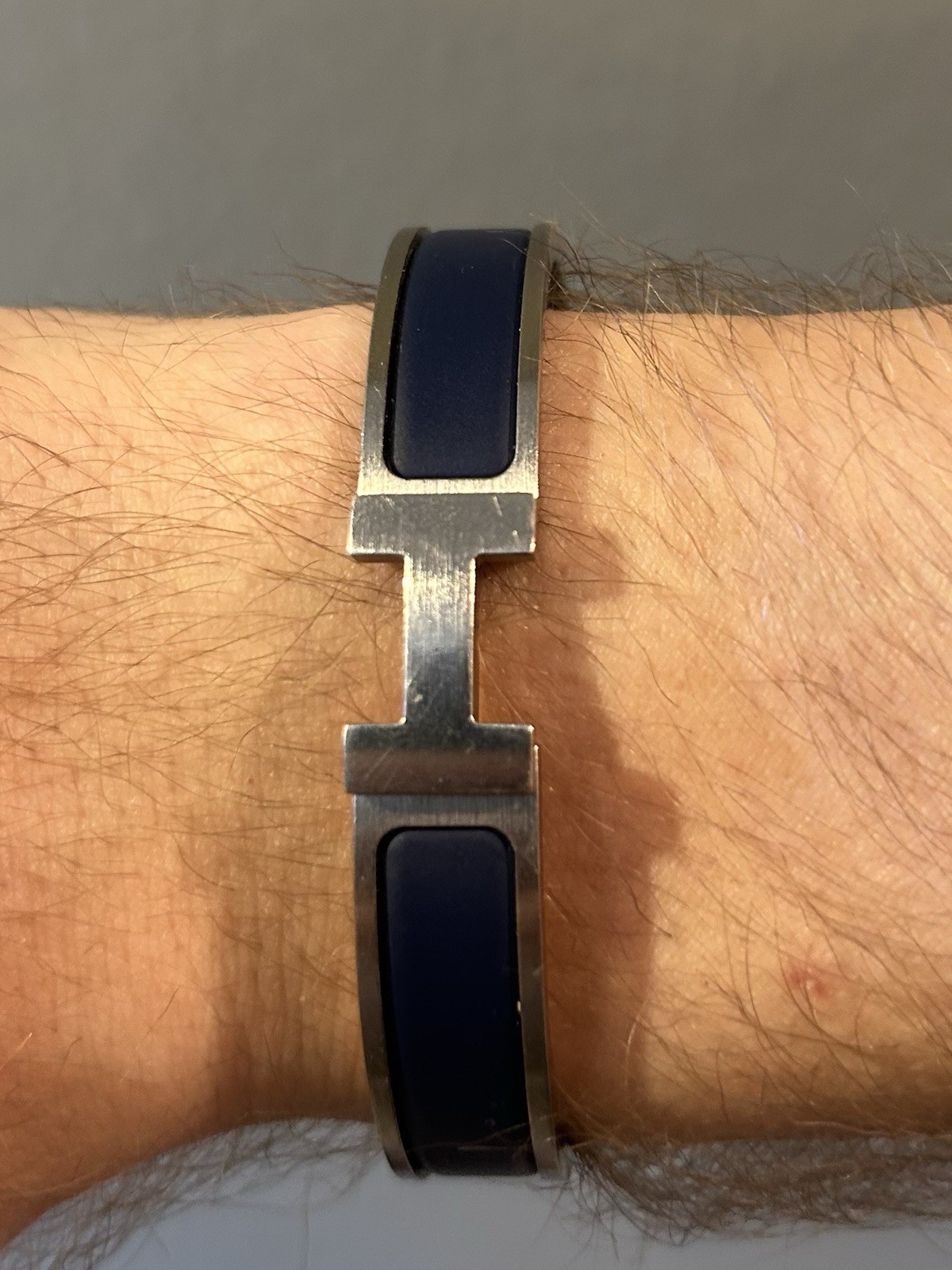HERMÈS Clic H Enamel Bracelet Ultramarine Blue Palladium Plated Sz T6