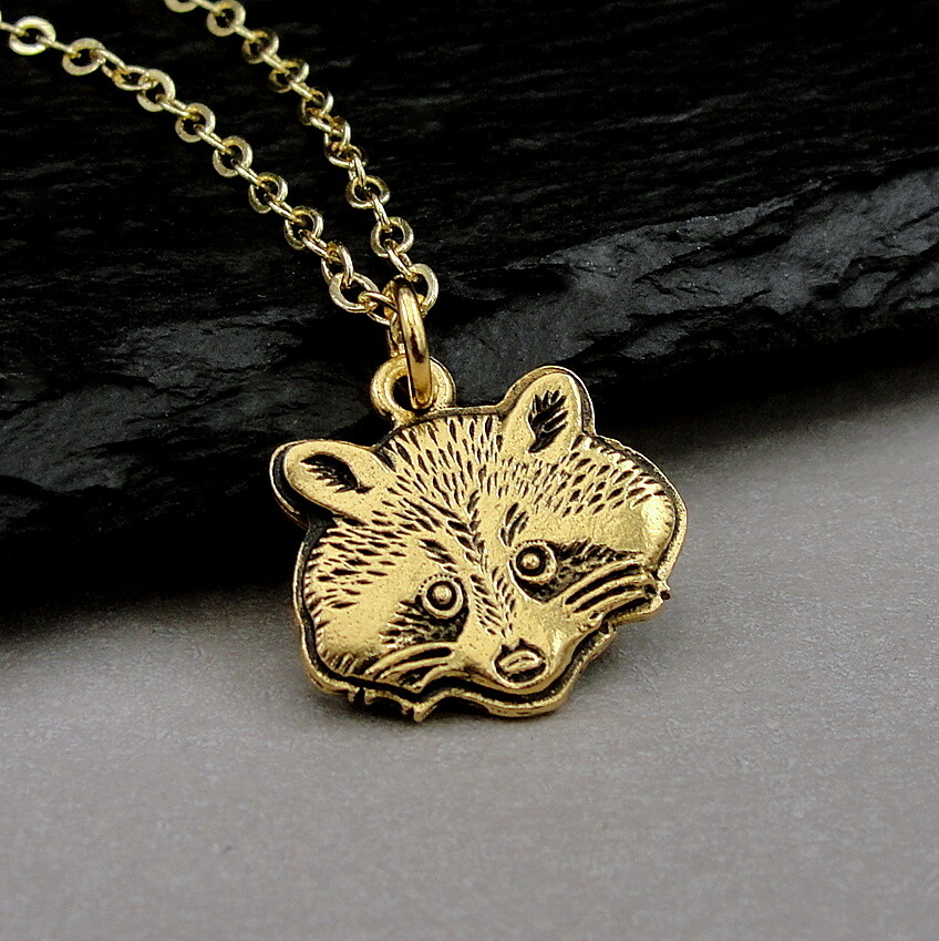 Gold Raccoon Necklace – Wildlife Charm Pendant – Wild Animal Jewelry