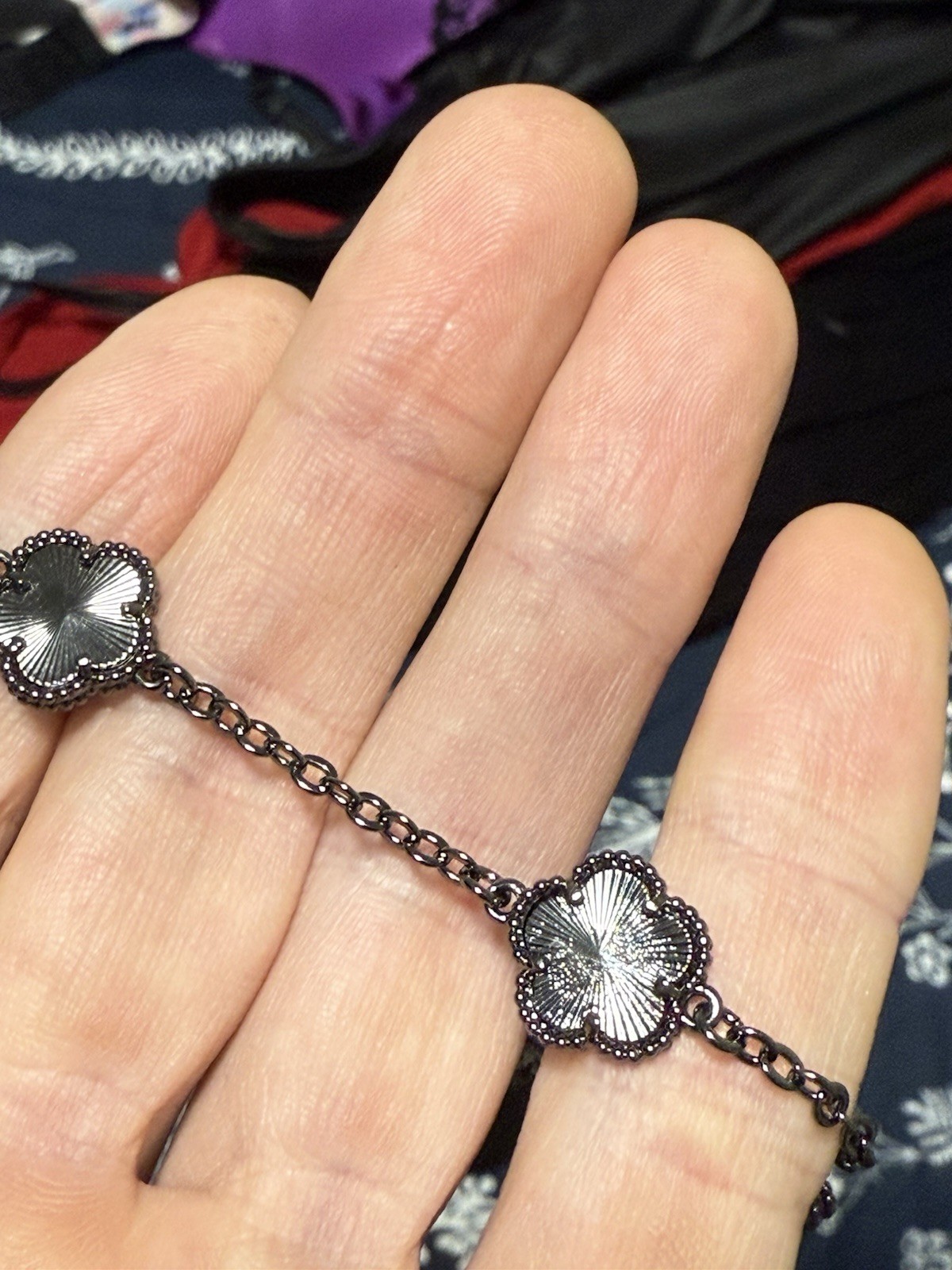 MODRSA 925 Sterling Silver Chain Bracelet Dark Gray Black Flowers Goth Witchy