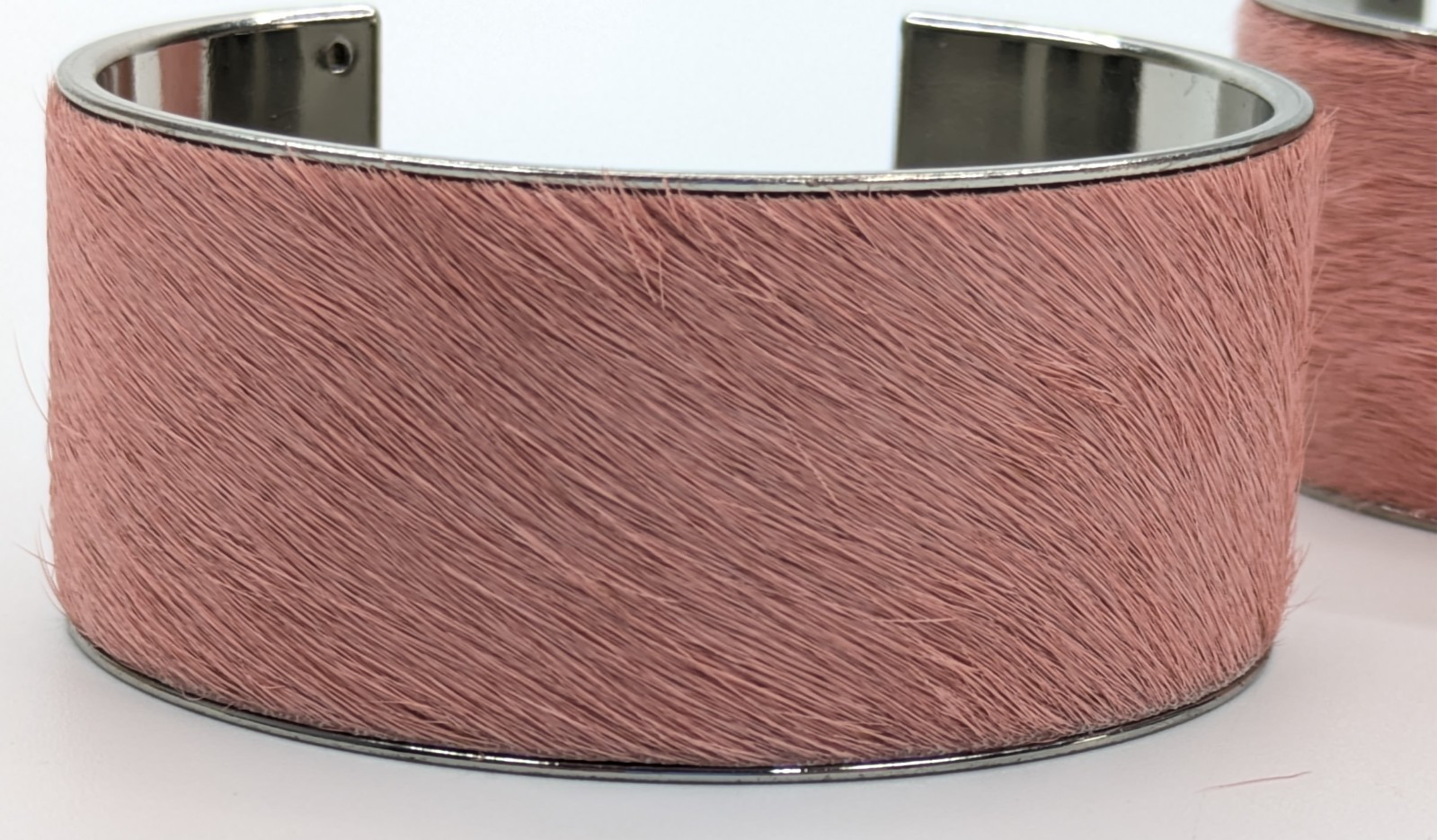 Chunky Pink Dyed Cow Hide Silver Tone Cuff Bracelet Set of Two 1 1/8″ Wide