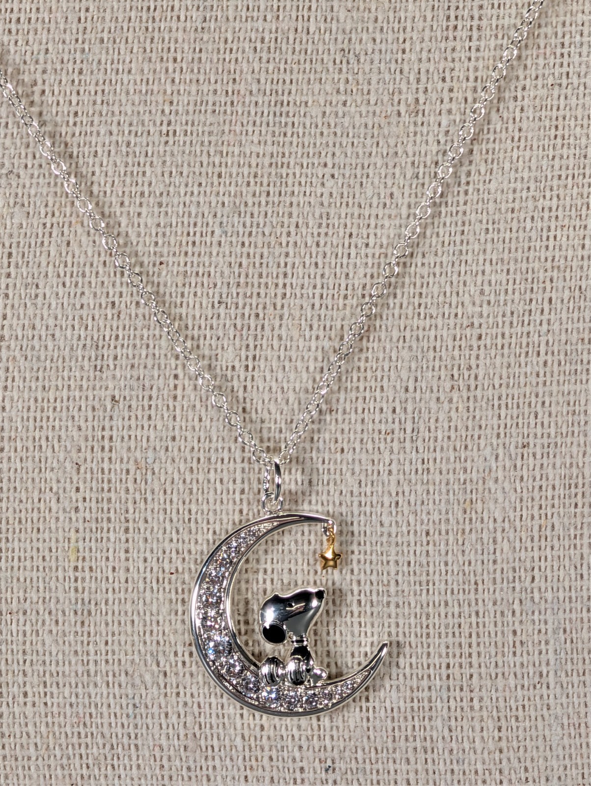 Peanuts Womens Snoopy Brass Moon Cubic Zirconia Necklace, 18”