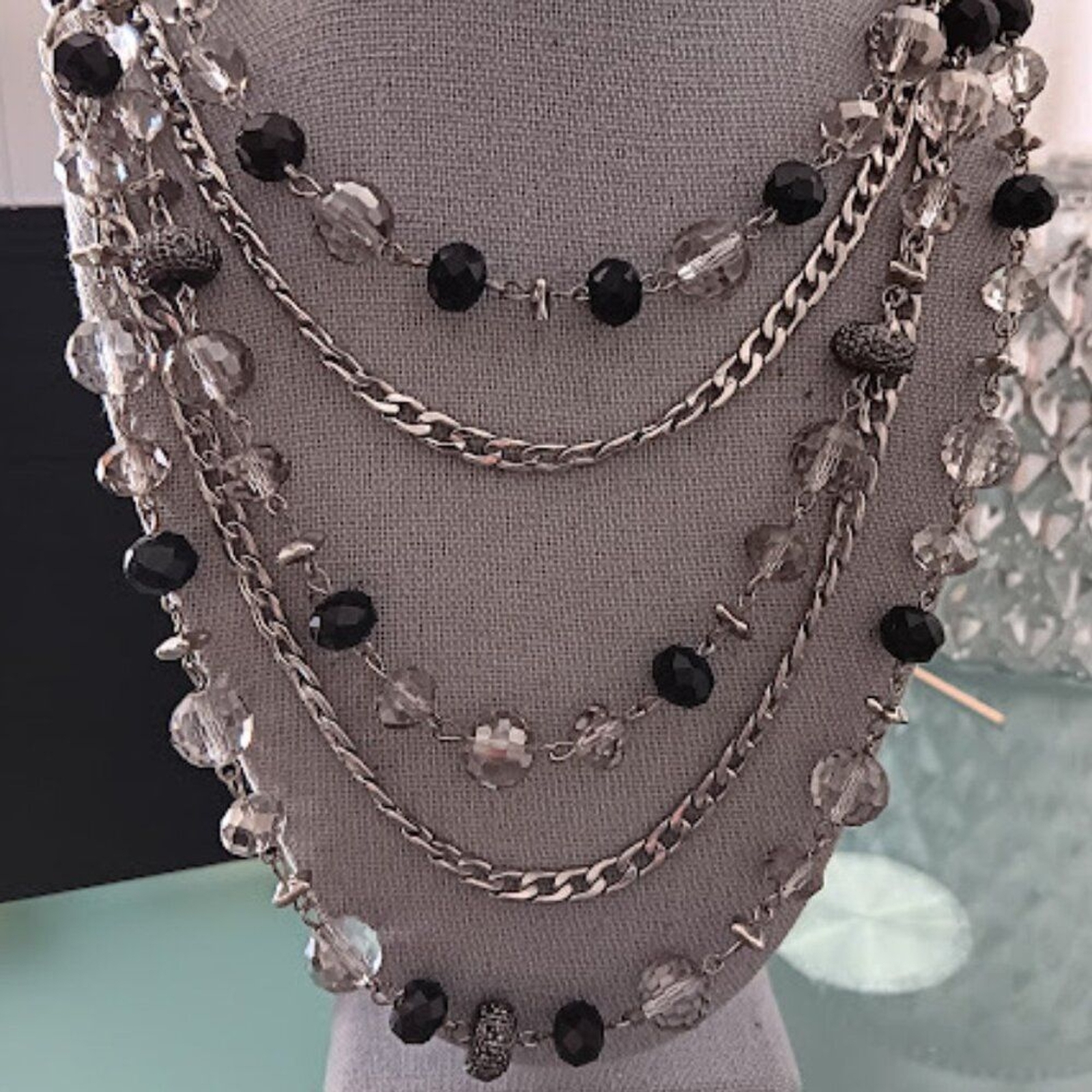 VERA WANG Rocker Chic Silver Black/Gray/Hematite Beads Chain Layered Necklace