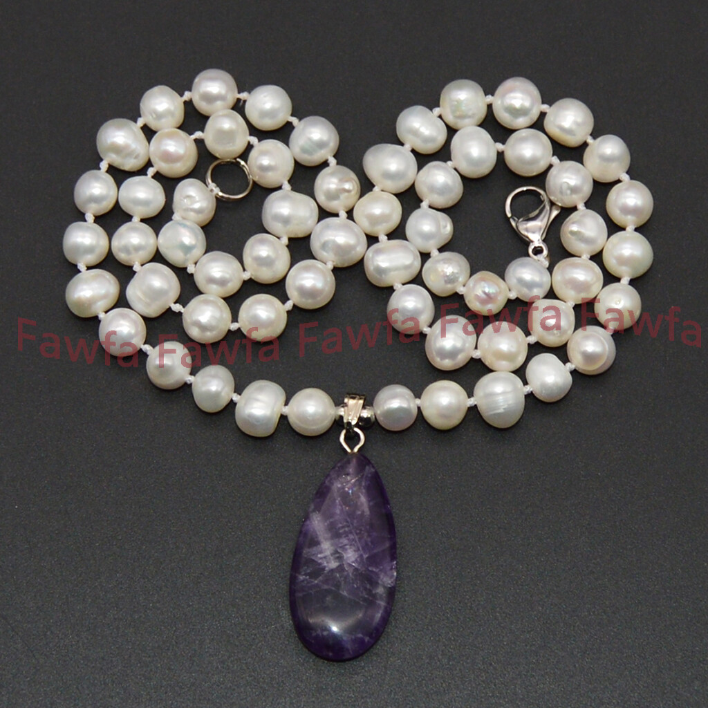 Natural 6-11mm White Freshwater Baroque Pearl Beaded Gems Pendant Necklace 18”