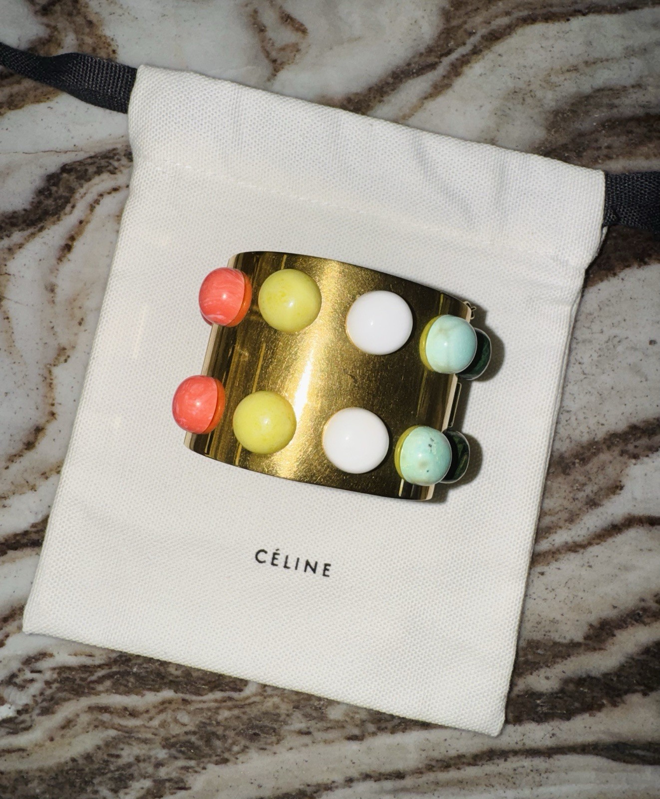 Authentic Celine Gold Brass Manchete Bracelet Bangle Marble Phoebe Philo Rare
