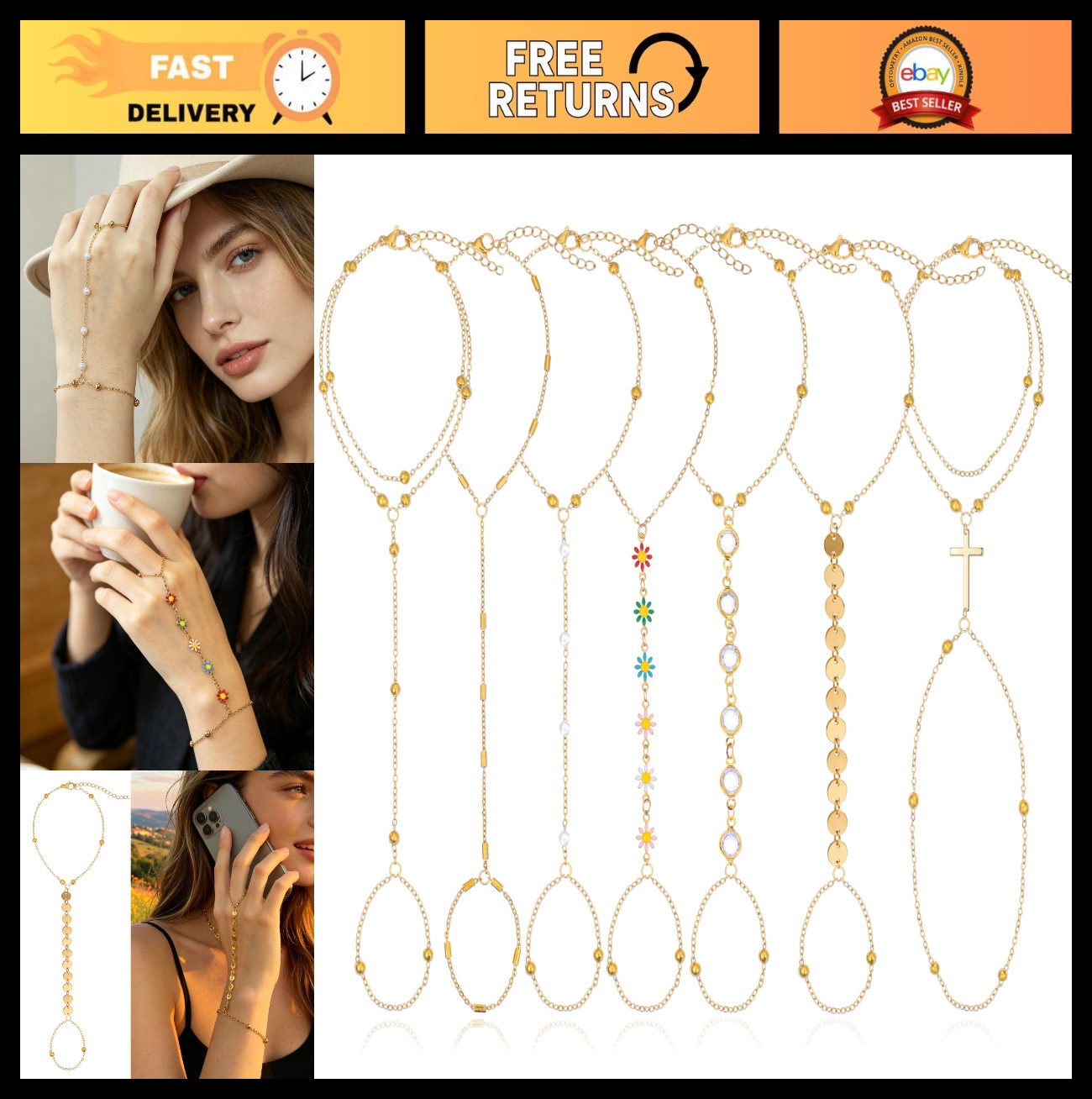 7Pcs Adjustable 14K Gold Plated Hand Chain Bracelets for Women, Stackable Dainty