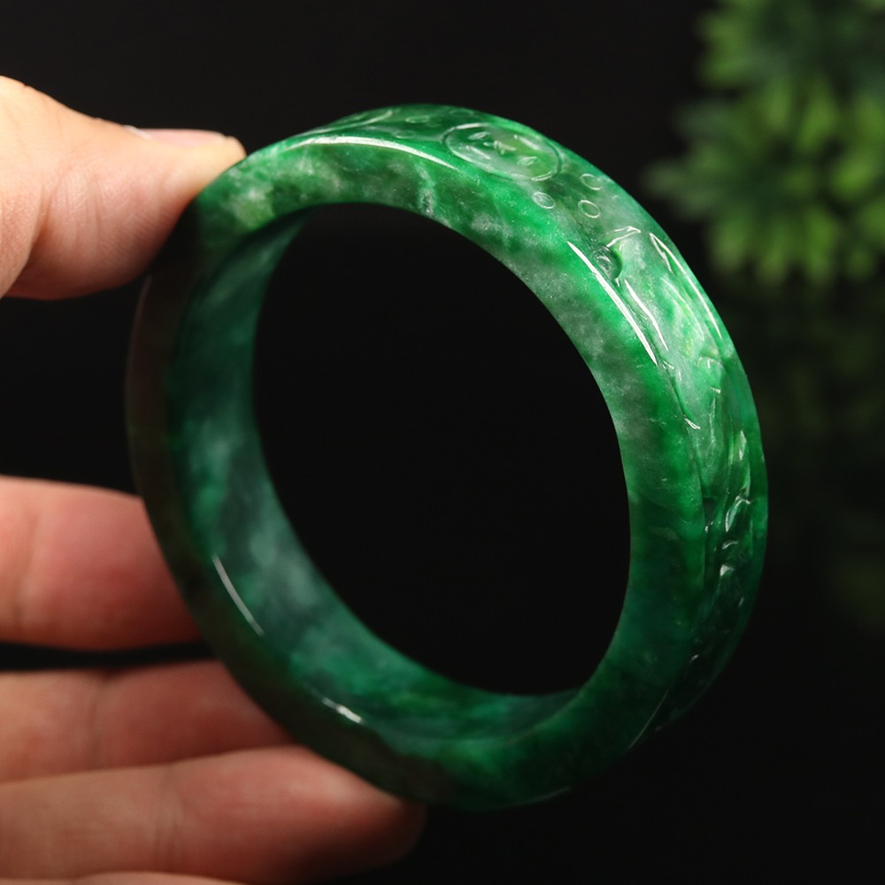 59mm Emerald Green Jadeite Jade Bangle Bracelet Ruyi Coin Burma Jade A-14895