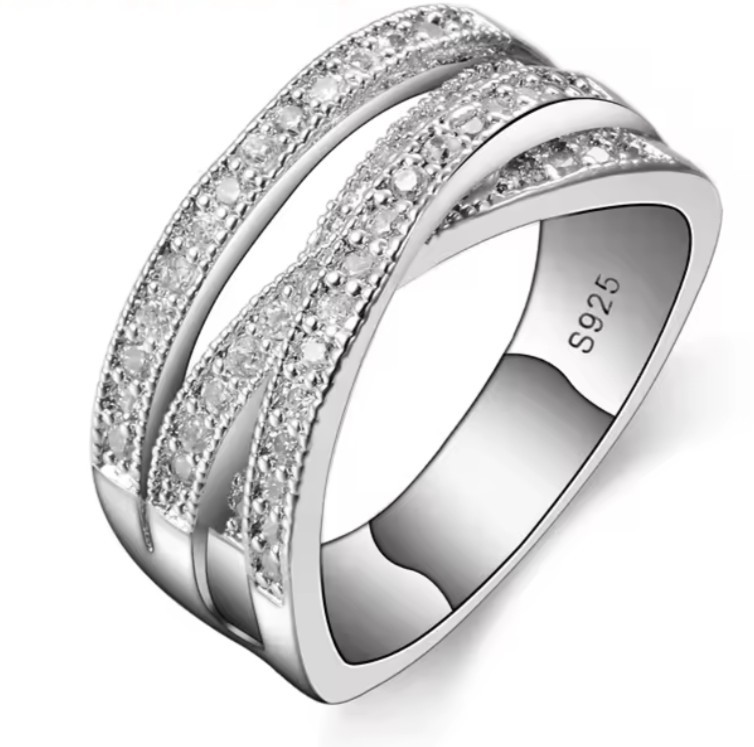 S925 Sterling Silver Multi-Row Pave White CZ Band Ring 12mm Size 9
