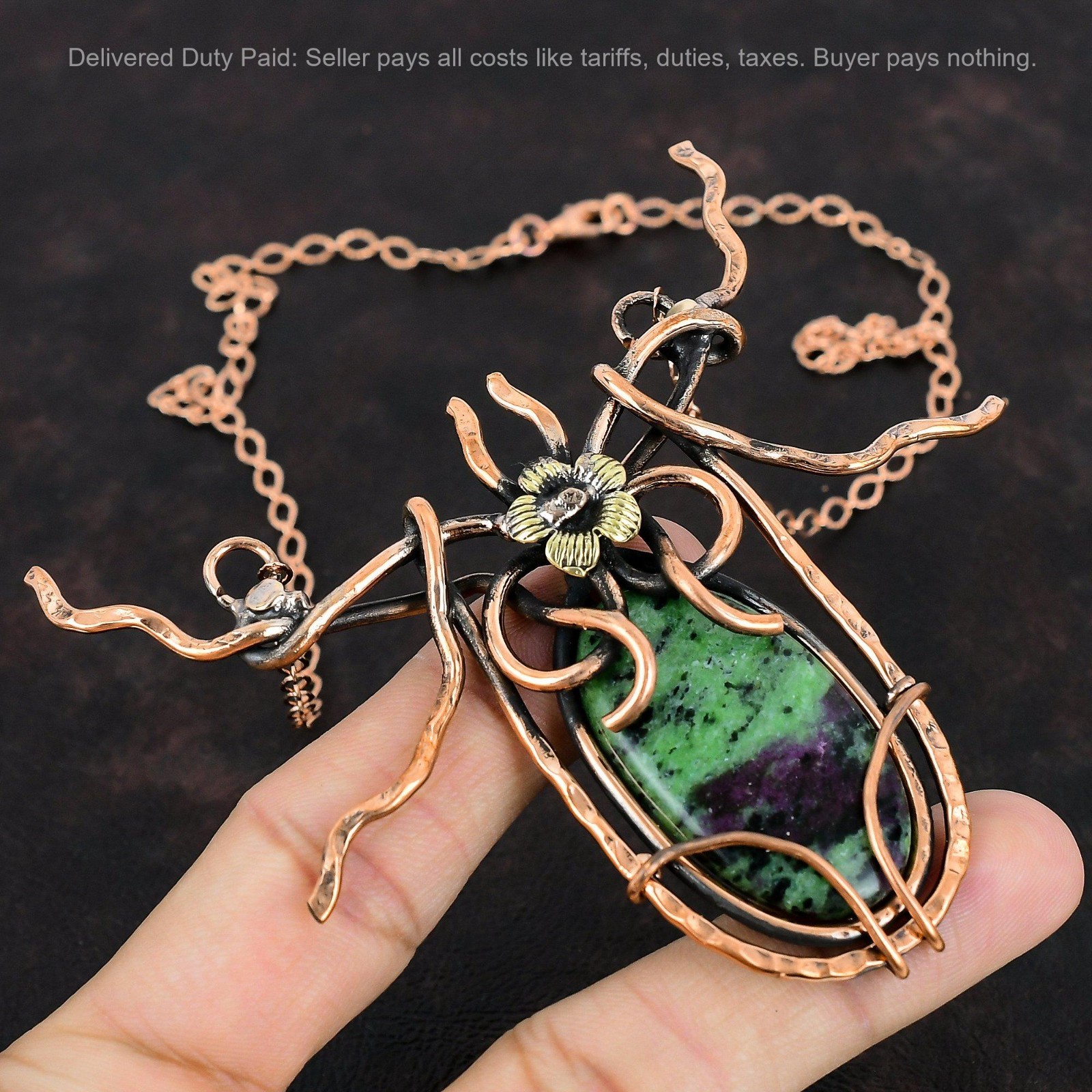 Copper Oval Ruby Zoisite Gemstone New Chain Wire Wrapped Flower Necklace Jewelry