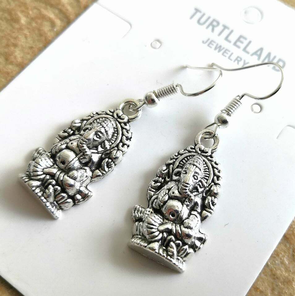 925 Sterling Silver Ganesha Hindu Elephant-headed God Ganapati Amulet Earrings