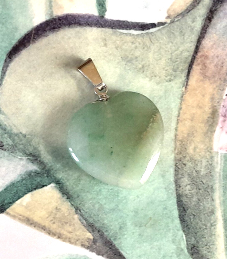 Gemstone Heart Pendant Green Aventurine Beautiful .75″ w/ Silver Tone Bail